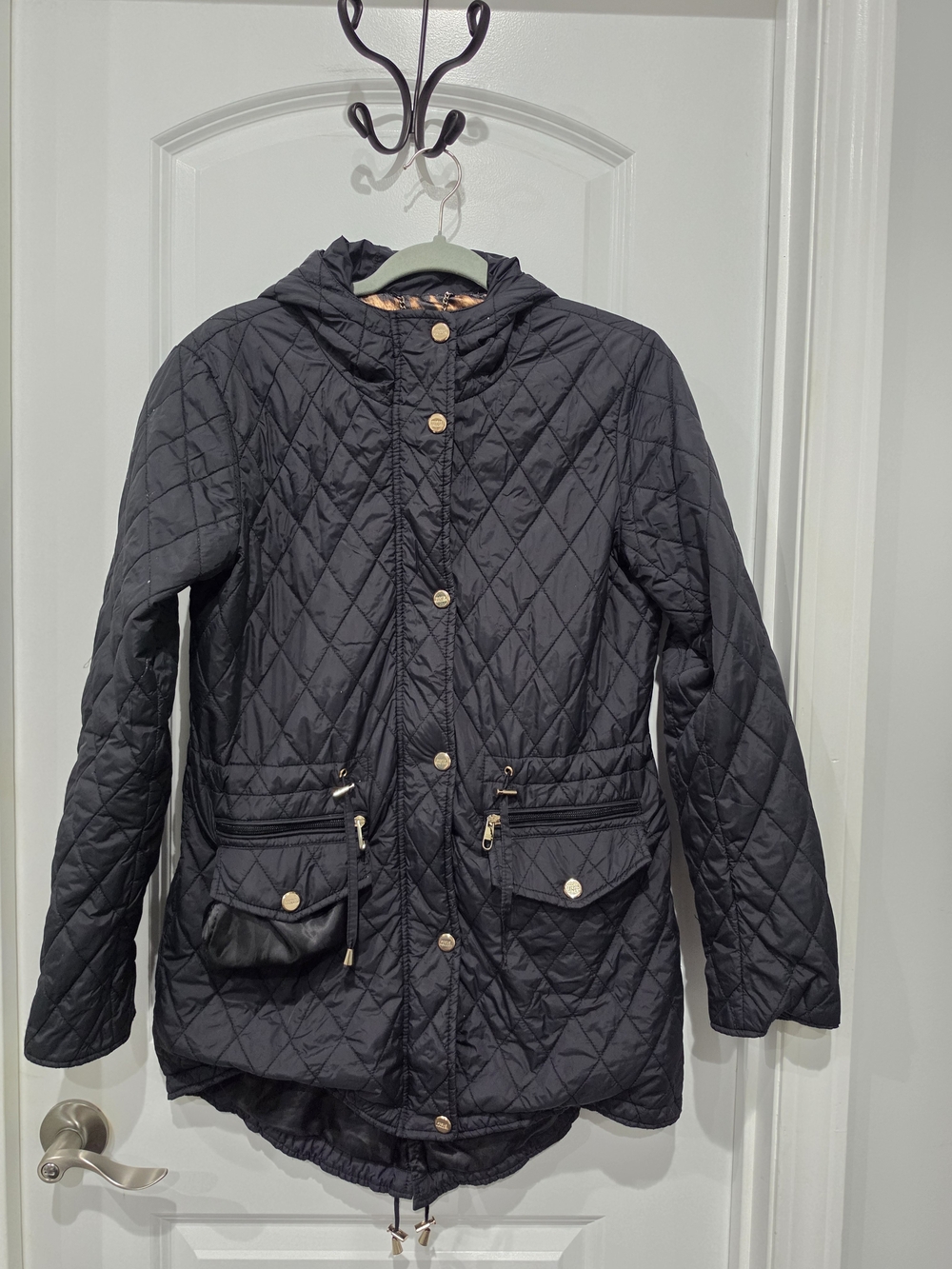 Steve Madden Black Quilted Hooded Puffer Coat with Gold Hardware